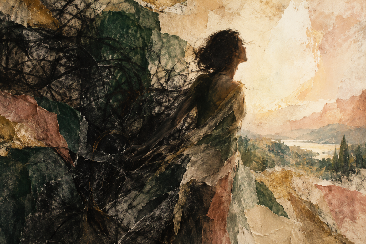 Expressive mixed-media artwork of a woman emerging from tangled marks into light.